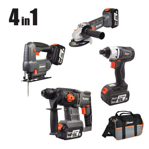 סט 18V אימפקט + פטישון + משחזת זווית + משור אנכי + שתי סוללות 3.0AH Hunter
