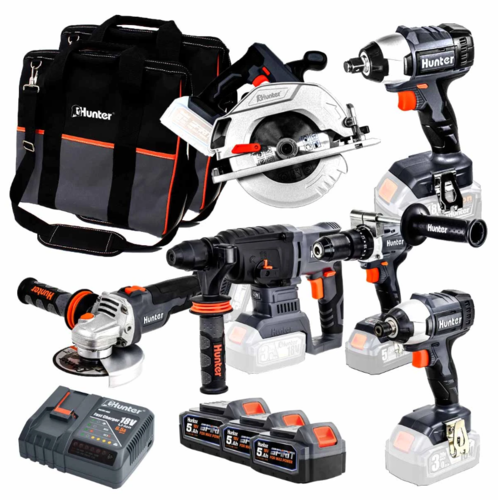 סט 6 כלים נטענים BrushLess כולל שלוש סוללות 5AH זוג תיקי בד ומטען מהיר Hunter