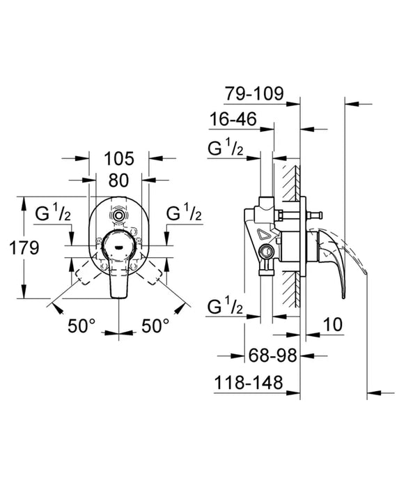 אינטרפוץ 4 דרך אובלי BAUCURVE כרום ניקל GROHE