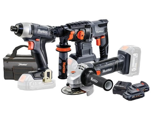 סט פטישון + מברגת אימפקט + משחזת זווית 18V + שתי סוללות 2.5AH Hunter