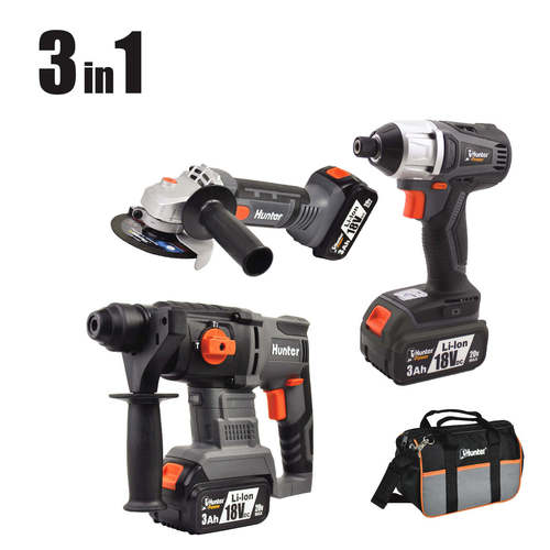 סט 18V אימפקט + פטישון + משחזת זווית + שתי סוללות 3.0AH Hunter